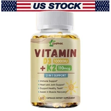 Powerful Vitamin D3 K2 Capsules Extra Strength Supplements with 10000 IU Softgel