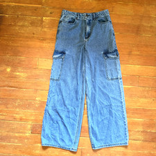 Vintage Y2K Wide Leg Cargo Jeans Baggy Blue Denim Indie Rave Skater 28