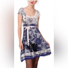 Desigual Womens Cream Blue Paisley Lace Print Tunic Dress Size M NWT