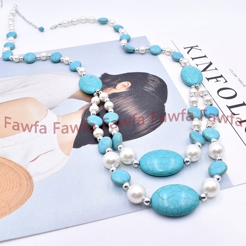 "Collar de cuentas ovaladas gemas turquesa azul perla natural 13x18 mm 18-19" - Imagen 5 de 6