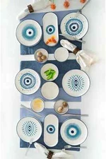 Handmade Ceramic Breakfast Set 14 Piece Evil Eye Dinnerware Set