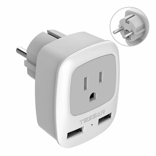 US to Germany France Travel Power Plug Adapter with 1 AC Outlet & 2 USB