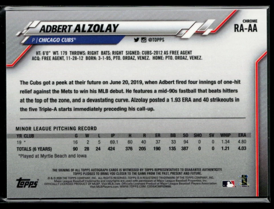2020 Topps Chrome Rookie Autographs #RA-AA Adbert Alzolay RC - Image 2 of 2