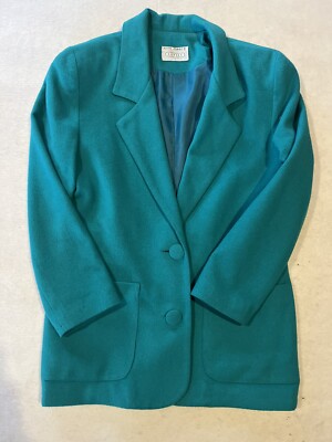 KATIES Size 8 Teal Green Button Up Wool Blend Vintage 80s 90s Jacket Blazer