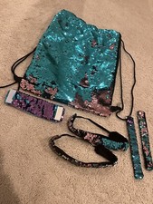 Flippable Sequin Drawstring Bag Mermaid Color Zip Pocket 2 Headbands 3 Bracelets