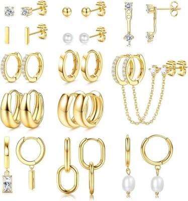 Conjunto de 13 pares de pendientes circulares pequeños para mujer.