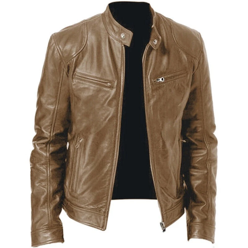 NOORA Men's Lambskin Beige Leather Jacket Biker Style Jacket