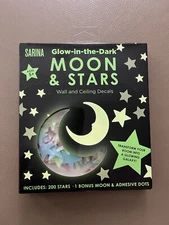 Glow In The Dark Moon And Stars 200 Pc 1 Bonus Moon/Adhesive Dots BNIB Sealed