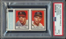 1962 Topps Stamps Panel Eddie Mathews Lee Thomas HOF Card PSA 9 MINT None Higher