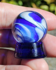 Handblown shooter marble glassstand Art glass 1" estate blue PONTIL SIGNED "CG"