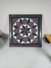 Vintage Large Framed Hand Stitched Quilt Square Star Pattern Floral Blue Antique