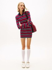 Tommy Jeans Polo Dress Size Small Mini Red Navy Stripe Pique Slim Long-Sleeve