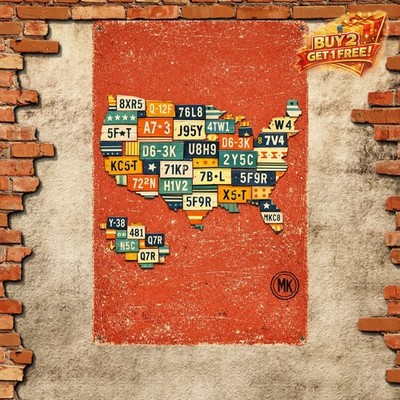 Red USA Map Route 66 License Plate Metal Tin Sign 8x12 Wall Decor Poster