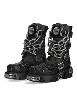 New Street Rock Men's Punk Rivet Belt Buckle Motorcycle Boots Round Toe Shoes