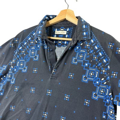 Etro Mens Geometric Print Polo Shirt Black Blue Short Sleeve 100% Cotton Size M