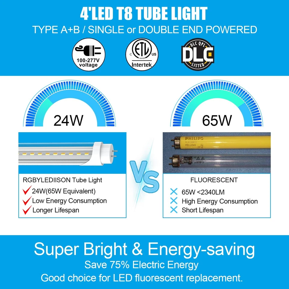 Bombillas LED T8 T12 4 pies, 4 pies Tubo Luces 6CCT 3000K-6500K/5 Potencia (10W-24W), L... Foto 4 de 4