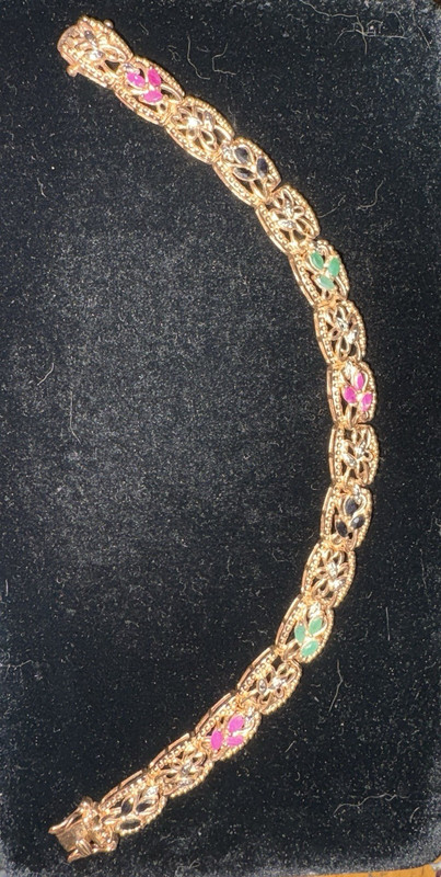 Sterling Silver Filigree Floral Link Chain Bracelet w/ multi natural stones