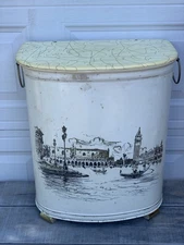 Vintage Pearl-Wick Laundry Hamper 1950s Metal Wicker Venice Scene Atomic Lid Bra