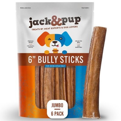 Jack&Pup 6-inch Jumbo Bully Sticks (6 Pack) Single 6 Inch,