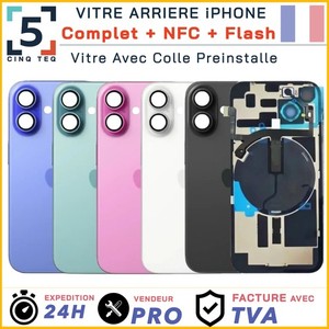 Vitre Arriere Complet pour iPhone 14 15 16 17 Pro Max Plus +NFC Flash Plaqu Logo
