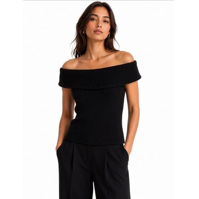 Toteme Womens Black Ribbed Wool Alpaca Off-Shoulder Knit Top XS Quiet Luxury
