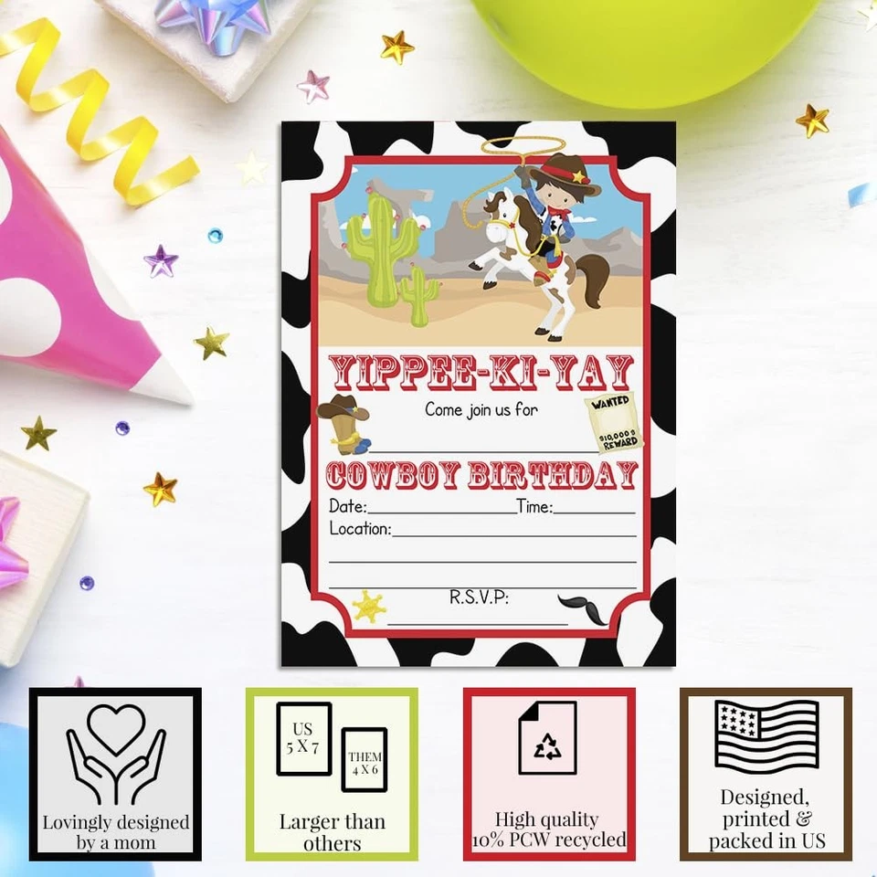 Invitaciones de fiesta de cumpleaños de vaquero niños, 20 tarjetas de relleno de 5x7 sobres blancos A Foto 3 de 4