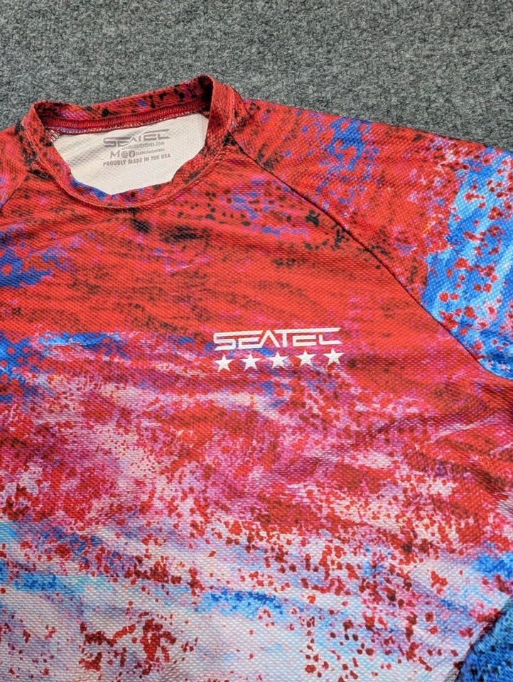 Seatec Long Sleeve Fishing Shirt Mens Medium Splatter Design Red White Blue Med - Image 2 of 4