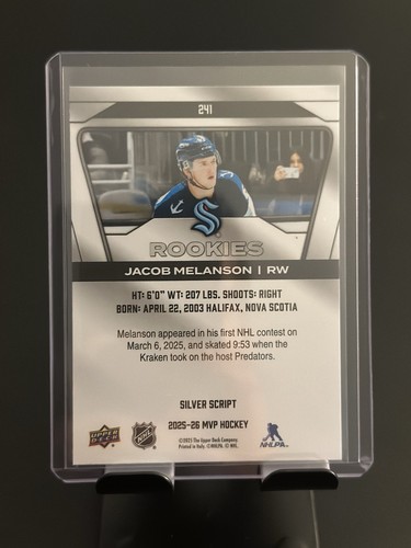 2025 Upper Deck MVP Silver Script Jacob Melanson #241 Seattle Kraken Hockey Card - Bild 2 von 2