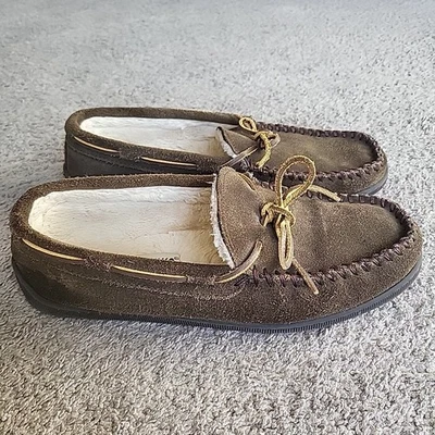 Minnetonka Slippers 11M Brown Suede Leather Hardsole Pile Lined Moccasins 3908 - Image 1 of 4