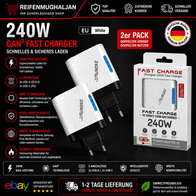 2er Pack 240W GaN USB C Ladegerät 5 Port USB-C Schnellladegerät PD QC