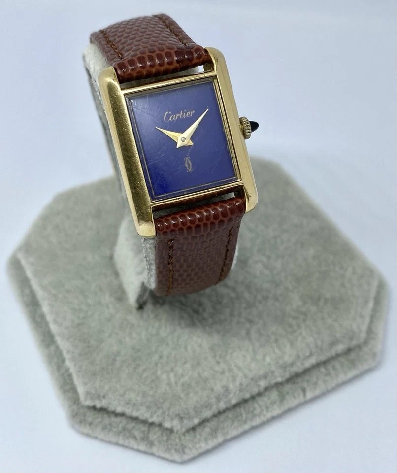 正品 Must de Cartier 坦克镀金银色镀金 Lapis 蓝色表盘手册 — 第 2/4 张图片