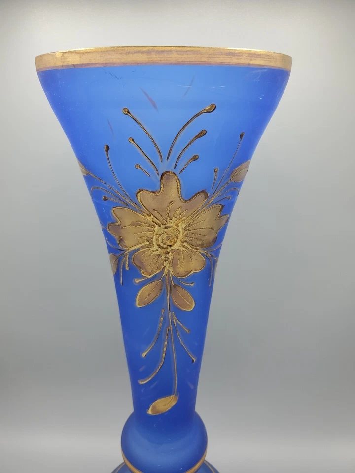 VICTORIAN BRILLIANT BRISTOL BLUE GLASS VASE 16.5" GOLD FLORAL Gilded Antique - Image 2 of 4