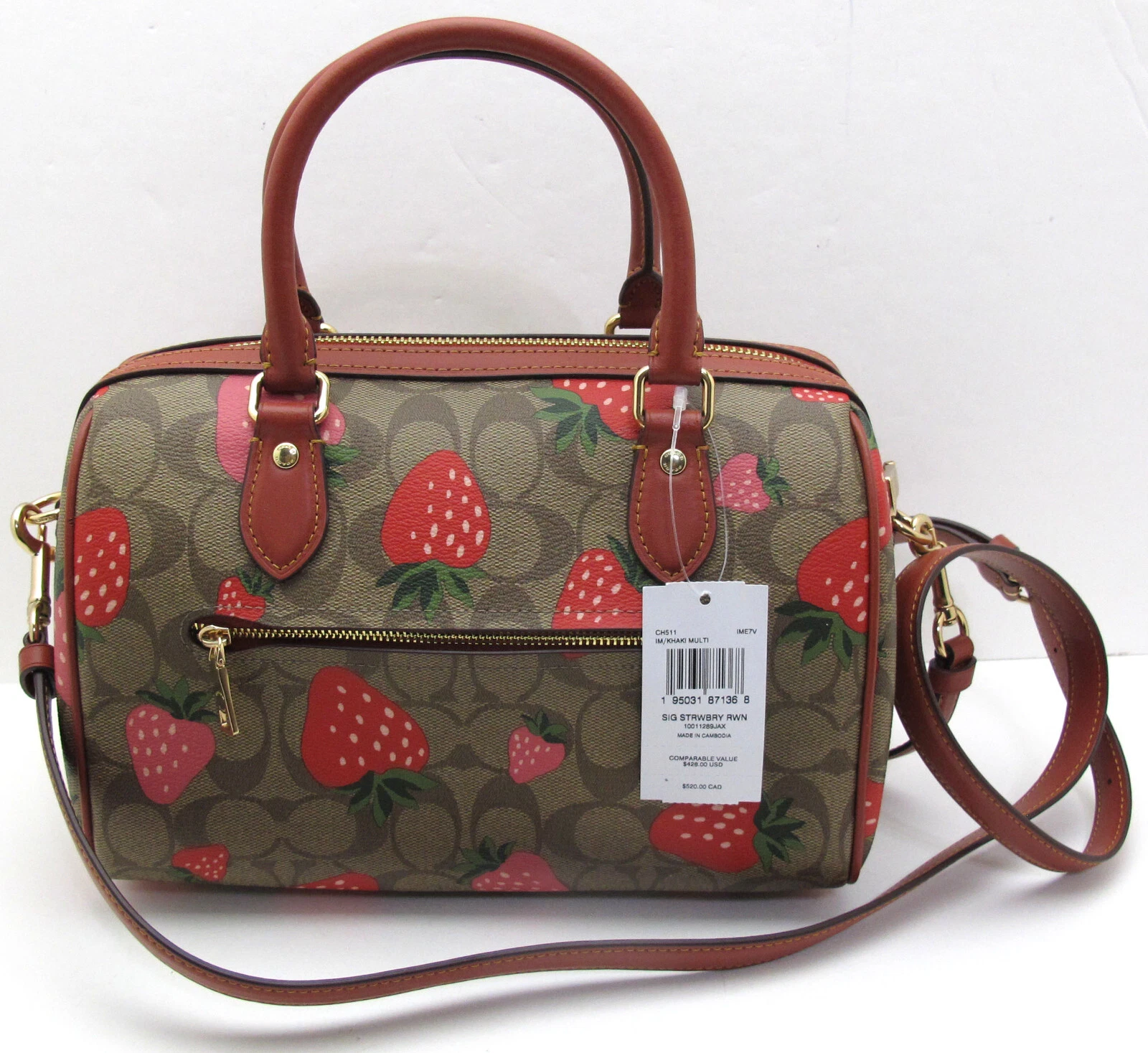 NUOVA borsa Coach Rowan fragola PVC firma pelle tracolla cachi oro