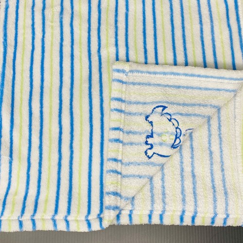Cutie Pie Baby Blanket White with Blue Green Stripes Embroidered Dinosaur Fleece - Picture 3 of 5