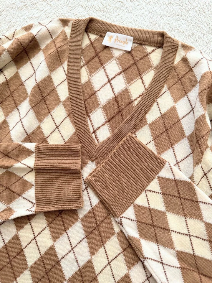 Pringle of Scotland Suéter Lana Talla S Cuello en V Argyle Camel Moca Marrón  Foto 2 de 4