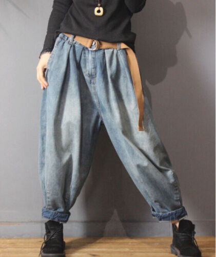 Womens Retro Harem Pants Denim Drop Crotch Jeans Loose Elastic Lantern Trousers - Zdjęcie 1 z 12