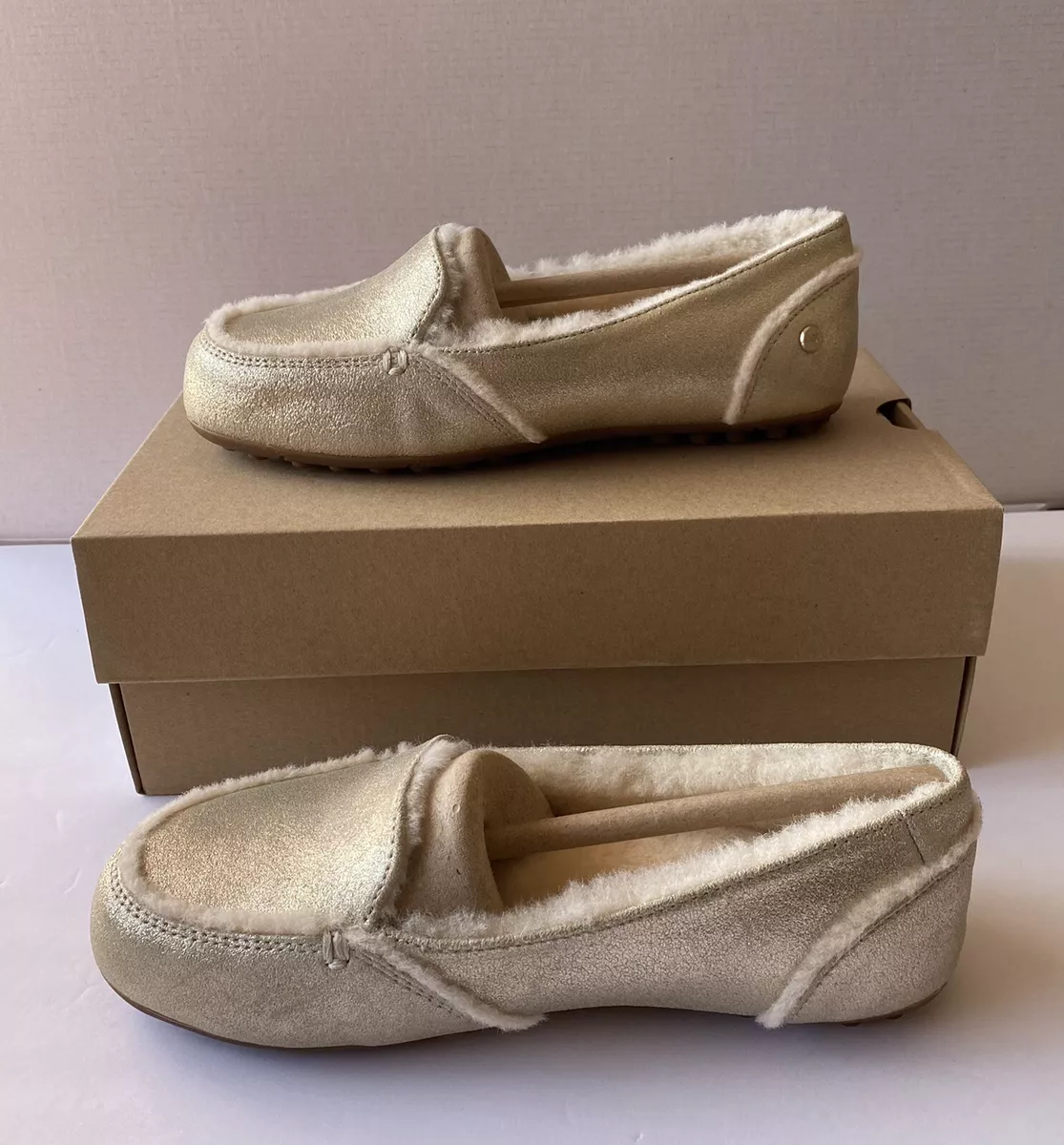 New Ugg Hailey Gold Metallic Shearling Leather Moccasin Loafers Slippers Size 5