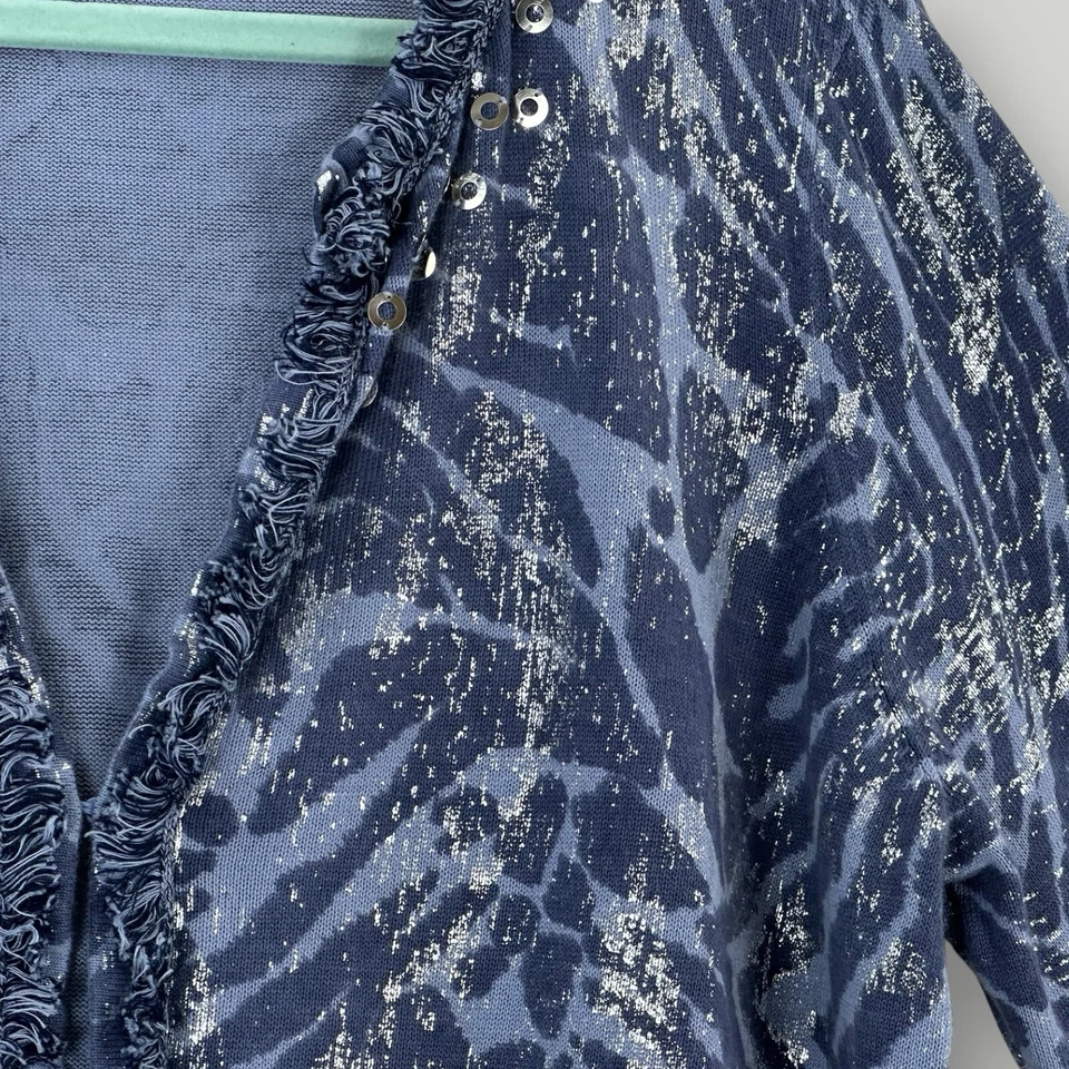 Chico's Blue Silver Foiled Animal Frankie Fringe Open Cardigan Sweater Sz 3 (XL) - Image 2 of 4