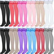 Jeyiour 12 Pairs Thigh High Stockings Silicone Lace Top Semi Sheer Stockings