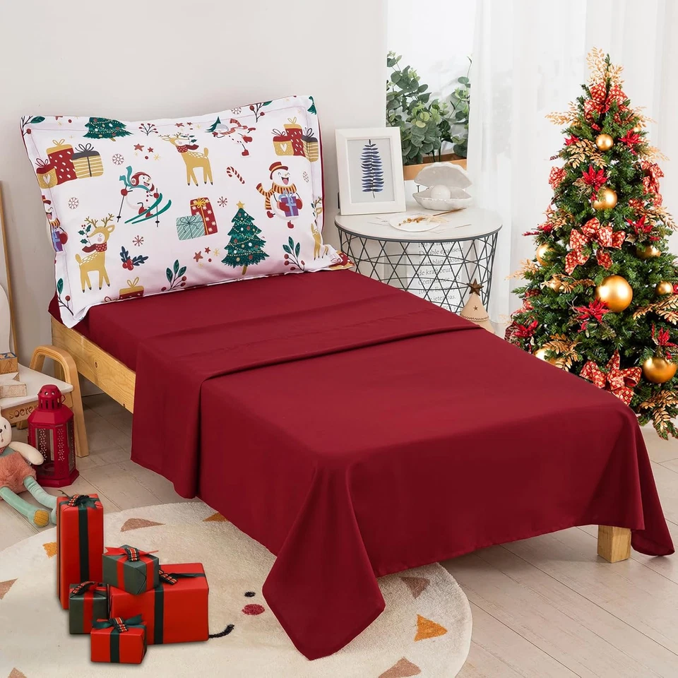 Juego de cama para niños pequeños, muñeco de nieve alce patrón de árbol de Navidad, 4 piezas de microfibra suave Foto 4 de 4
