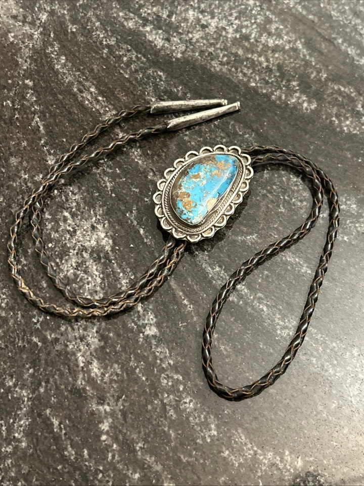 Corbata De Colección Bennett Bolo C-31 Navajo Nativo Americano Plata Turquesa Piedra Grande Foto 2 de 4