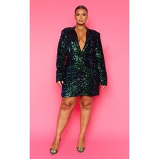 PrettyLittleThing Green Black Sequin Long Sleeve Open Blazer Coat Jacket Size 14