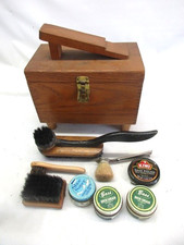 Vintage oak shoe shine box with accessories