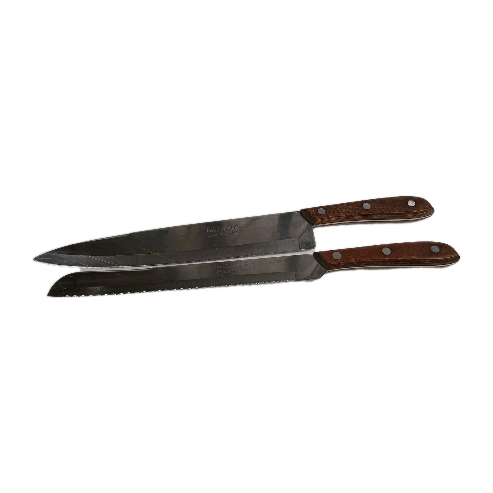 Two KITCHEN DELITE Chef's Knives Serrated & Non 8" & 9" Blades JAPAN Vintage