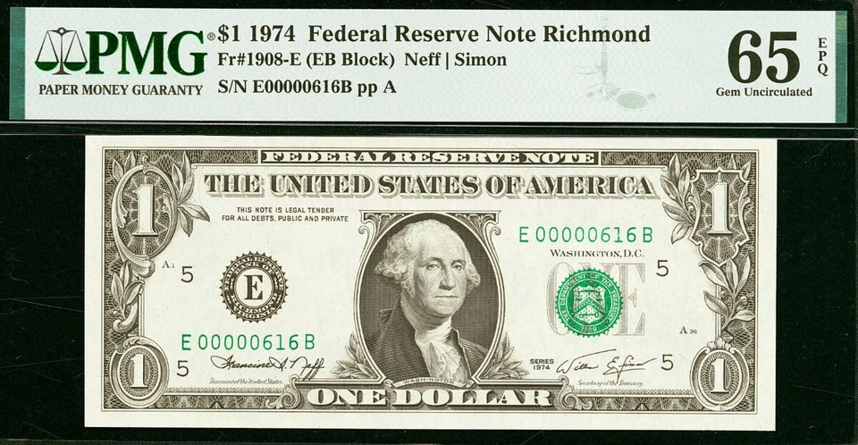 1974 $1 Federal Reserve Note PMG 65EPQ - Birthday - Low Serial Number 00000616 - Image 2 of 3