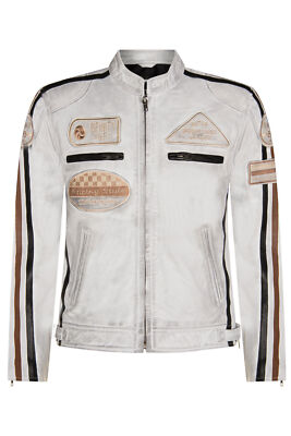Herren weiß Leder Biker Jacke Retro Freizeit Reißverschluss Rennen Motorrad Abzeichen Motorrad