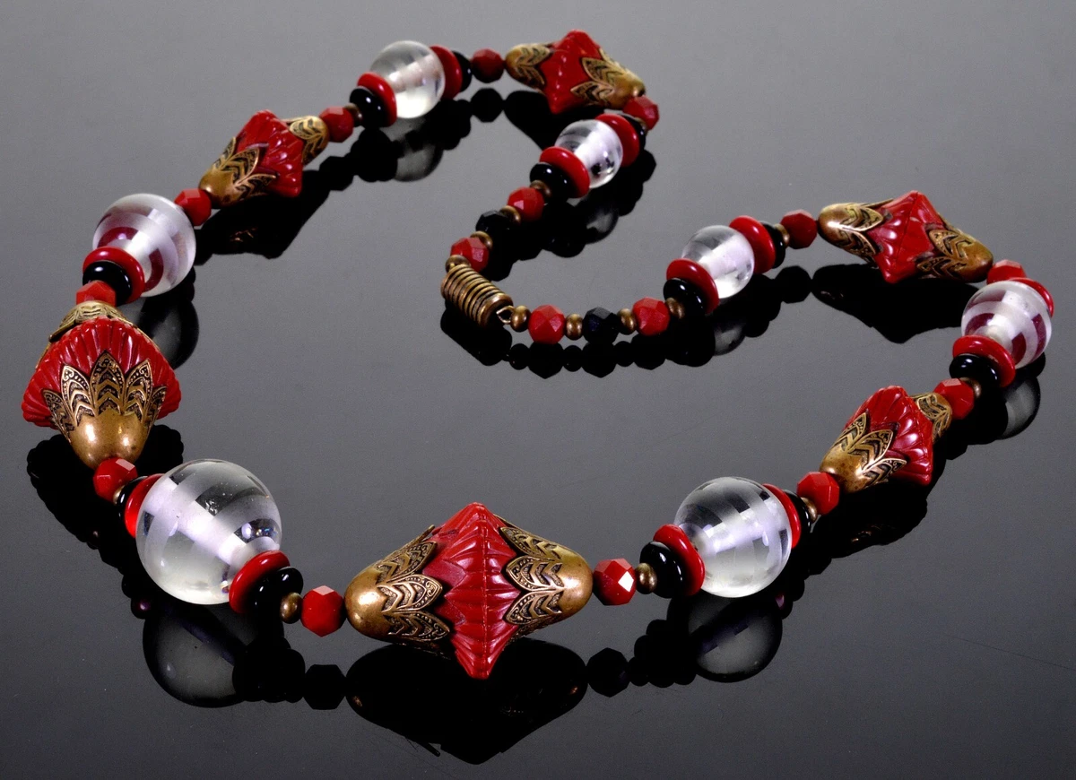 ART DECO FRENCH LOUIS ROUSSELET NECKLACE WIRED LIPSTICK RED GLASS GALALITH  BEADS