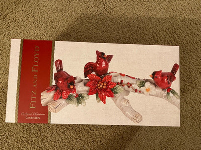 Fitz & Floyd Cardinal Christmas Candelabra Candle Holder Centerpiece Mint in Box