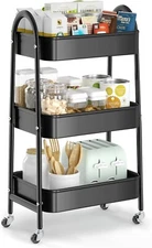 Utility Rolling Cart Metal Storage 3-Tier Kitchen Bedroom Trolley Cart, Black