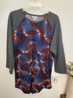 LuLaRoe Randy Top M Geometric Print Colorblock Raglan Stretch Tee Patriotic NWT